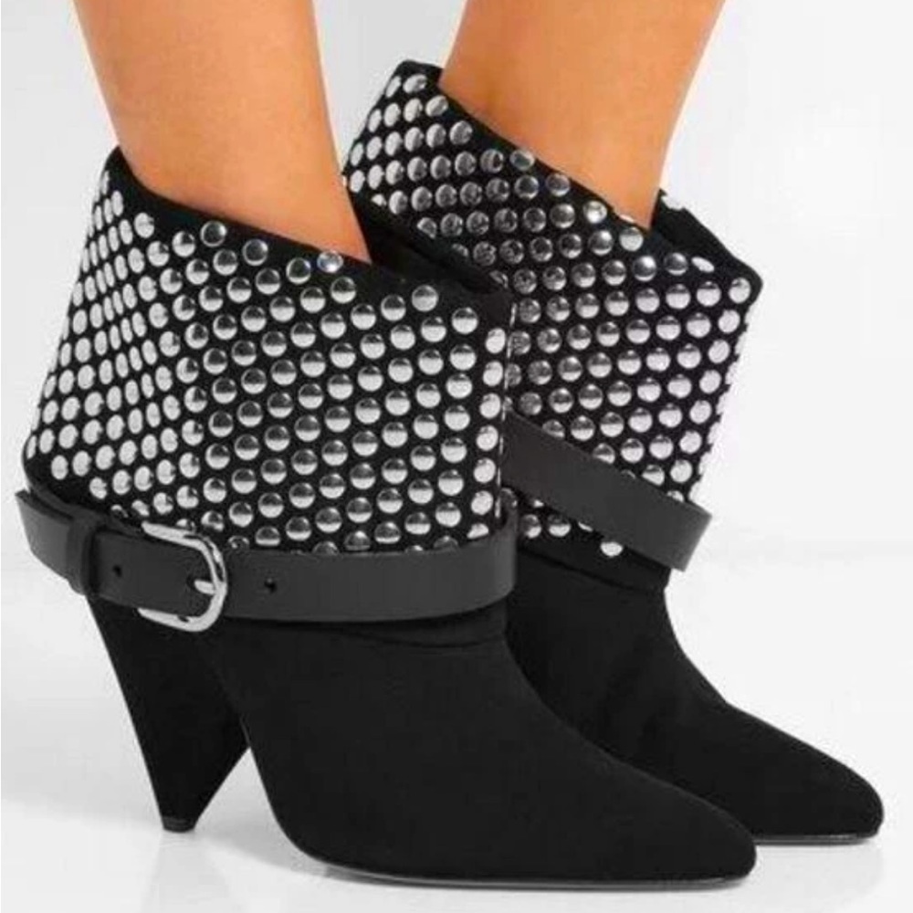 ROSEGOLD Studded Ankle Boot Belt Detail Wide Fold Over Opening Black Suede 7/38